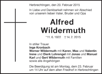 Traueranzeige von Alfred Wildermuth von Märkische Oderzeitung