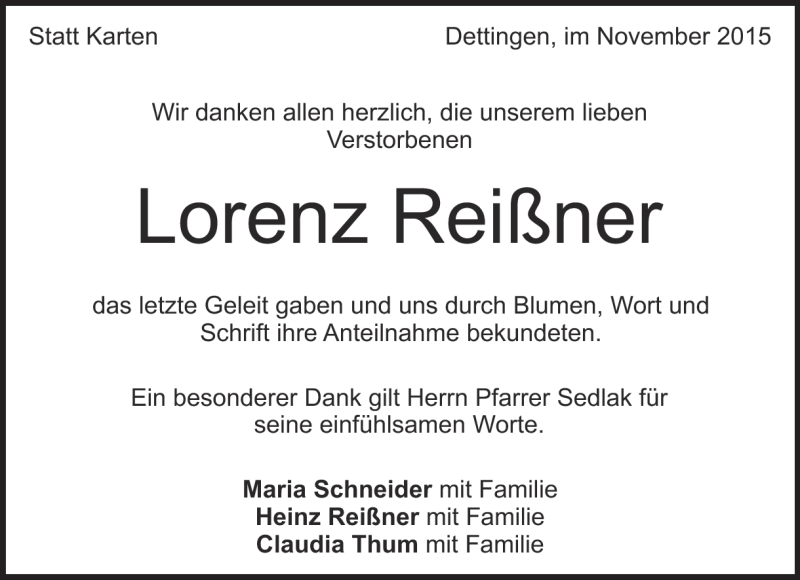  Traueranzeige für Lorenz Reißner vom 25.11.2015 aus Heidenheimer Zeitung
