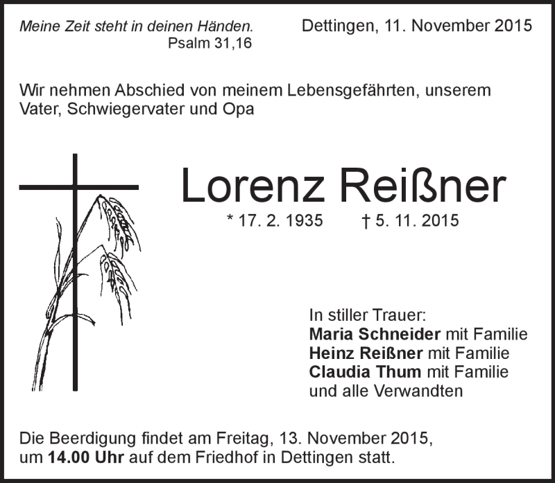  Traueranzeige für Lorenz Reißner vom 11.11.2015 aus Heidenheimer Zeitung