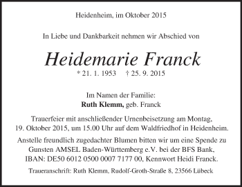 Traueranzeige von Heidemarie  Franck von Heidenheimer Zeitung
