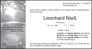 Traueranzeige von Leonhard Nieß von Heidenheimer Zeitung