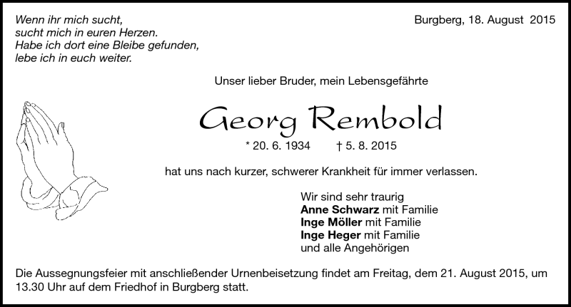  Traueranzeige für Georg Rembold vom 18.08.2015 aus Heidenheimer Zeitung