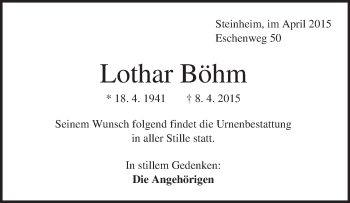Traueranzeige von Lothar Böhm von Märkische Oderzeitung