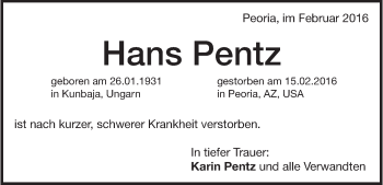 Traueranzeige von Hans  Pentz 