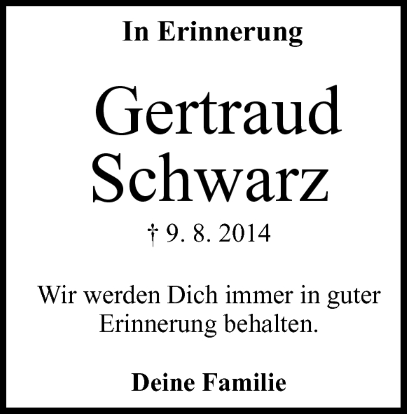  Traueranzeige für Gertraud Schwarz vom 10.08.2015 aus Heidenheimer Zeitung