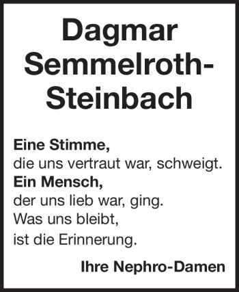 Traueranzeige von Dagmar Semmelroth-Steinbach von Heidenheimer Zeitung