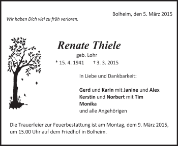 Traueranzeige von Renate Thiele von Märkische Oderzeitung