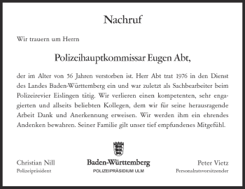 Traueranzeige von Eugen Abt von Heidenheimer Zeitung