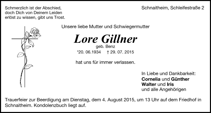  Traueranzeige für Lore Gillner vom 31.07.2015 aus Heidenheimer Zeitung