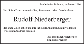 Traueranzeige von Rudolf  Niederberger von Heidenheimer Zeitung