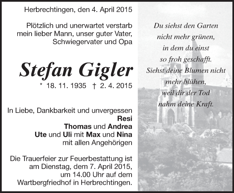  Traueranzeige für Stefan Gigler vom 12.05.2015 aus Märkische Oderzeitung
