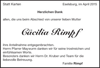 Traueranzeige von Cäcilia Rimpf von Märkische Oderzeitung