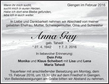 Traueranzeige von Anna Gay von Heidenheimer Zeitung