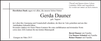 Traueranzeige von Gerda Dauner von Märkische Oderzeitung