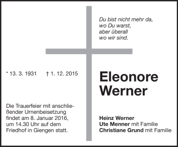 Traueranzeige von Eleonore Werner von Heidenheimer Zeitung