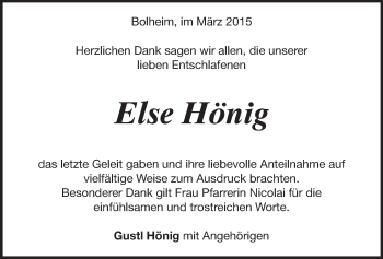 Traueranzeige von Else Hönig von Märkische Oderzeitung