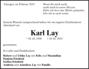 Traueranzeige von Karl Lay von Märkische Oderzeitung