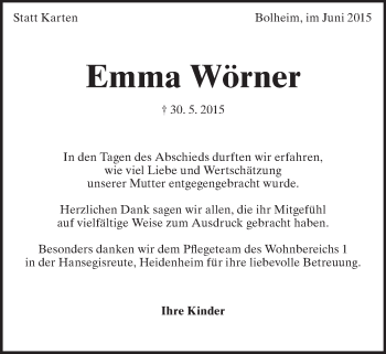 Traueranzeige von Emma Wörner von Heidenheimer Zeitung