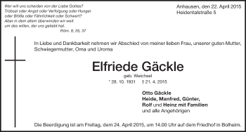 Traueranzeige von Elfriede Gäckle von Märkische Oderzeitung