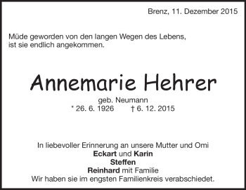 Traueranzeige von Annemarie Hehrer von Heidenheimer Zeitung