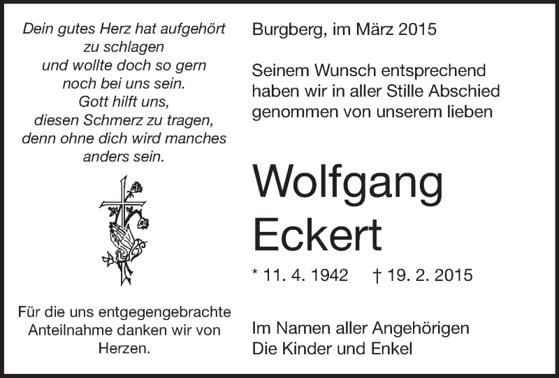  Traueranzeige für Wolfgang Eckert vom 12.05.2015 aus Märkische Oderzeitung