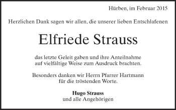 Traueranzeige von Elfriede Strauss von Märkische Oderzeitung