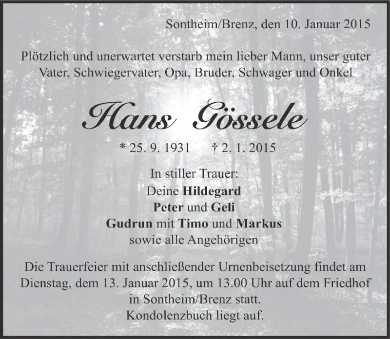  Traueranzeige für Hans Gössele vom 12.05.2015 aus Märkische Oderzeitung