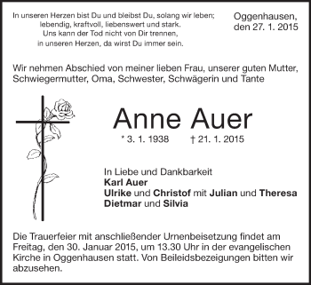 Traueranzeige von Anne Auer von Märkische Oderzeitung