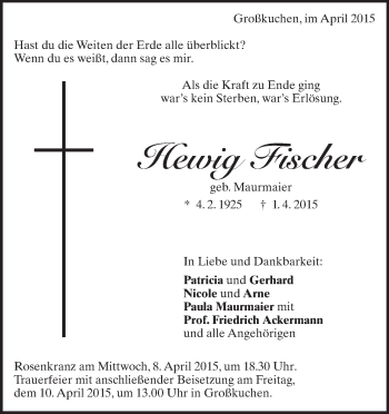 Traueranzeige von Hewig Fischer von Märkische Oderzeitung