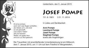 Traueranzeige von Josef Pompe von Märkische Oderzeitung