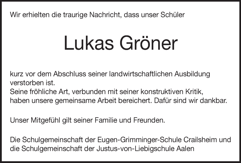  Traueranzeige für Lukas Gröner vom 04.07.2015 aus Heidenheimer Zeitung