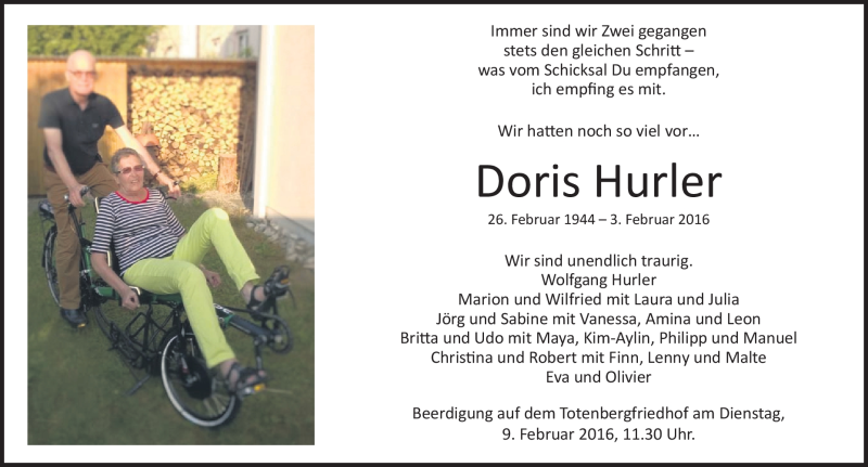  Traueranzeige für Doris Hurler vom 05.02.2016 aus Heidenheimer Zeitung