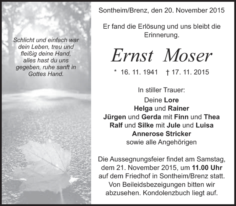  Traueranzeige für Ernst Moser vom 20.11.2015 aus Heidenheimer Zeitung