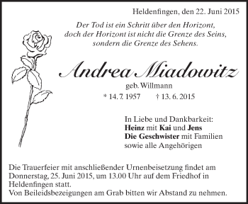 Traueranzeige von Andrea Miadowitz von Heidenheimer Zeitung