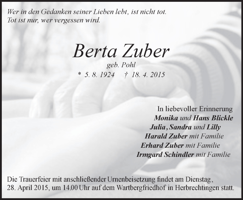  Traueranzeige für Berta Zuber vom 12.05.2015 aus Märkische Oderzeitung
