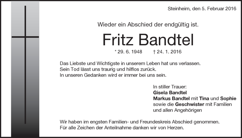  Traueranzeige für Fritz Bandtel vom 05.02.2016 aus Heidenheimer Zeitung