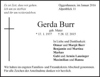 Traueranzeige von Gerda Burr von Heidenheimer Zeitung