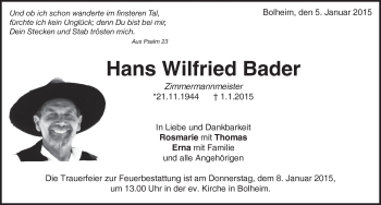 Traueranzeige von Hans Wilfried Bader von Märkische Oderzeitung