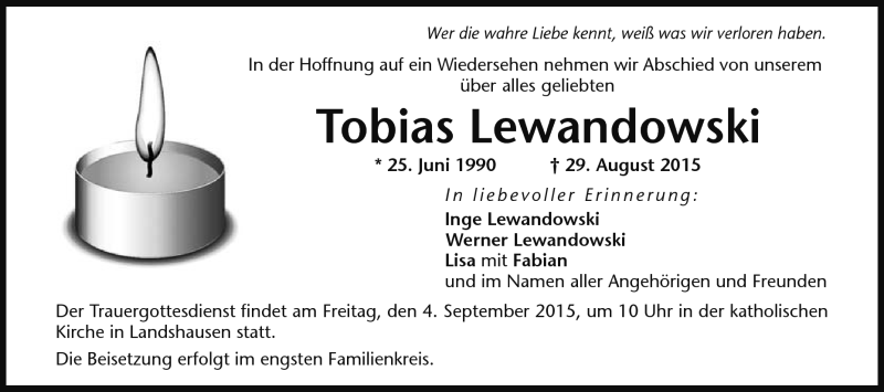  Traueranzeige für Tobias Lewandowski vom 03.09.2015 aus Heidenheimer Zeitung
