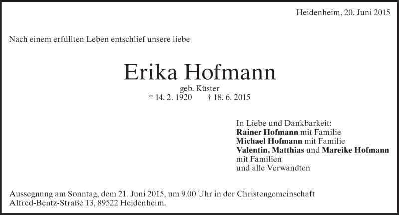  Traueranzeige für Erika Hofmann vom 20.06.2015 aus Heidenheimer Zeitung