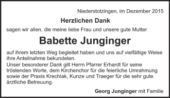 Traueranzeige von Babette Junginger von Heidenheimer Zeitung