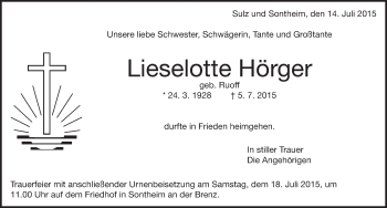 Traueranzeige von Lieselotte Hörger von Heidenheimer Zeitung