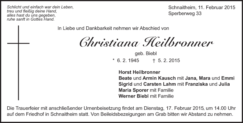  Traueranzeige für Christiana Heilbronner vom 12.05.2015 aus Märkische Oderzeitung
