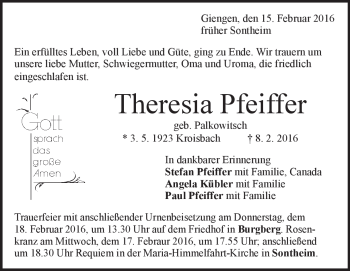 Traueranzeige von Theresia  Pfeiffer von Heidenheimer Zeitung