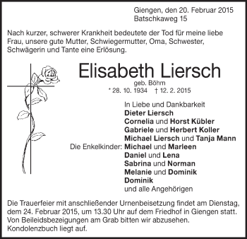 Traueranzeige von Elisabeth Liersch von Märkische Oderzeitung