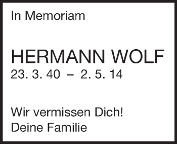 Traueranzeige von Hermann Wolf von Märkische Oderzeitung