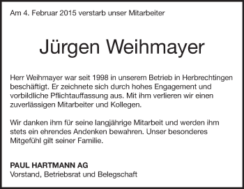 Traueranzeige von Jürgen Weihmayer von Märkische Oderzeitung