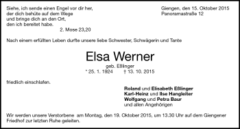 Traueranzeige von Elsa  Werner von Heidenheimer Zeitung