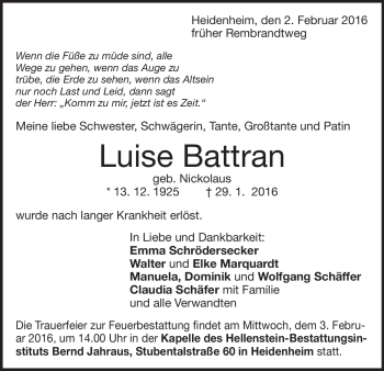 Traueranzeige von Luise Battran von Heidenheimer Zeitung