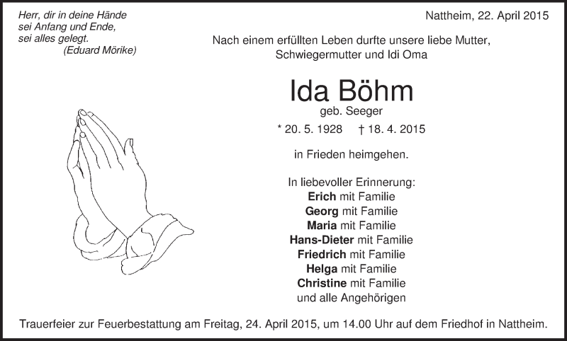  Traueranzeige für Ida Böhm vom 12.05.2015 aus Märkische Oderzeitung